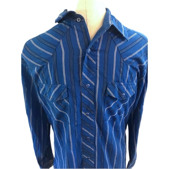 Vintage Wrangler Western Dress Blue Pearl Snaps Long Sleeve Shirt - Picture 1 of 7